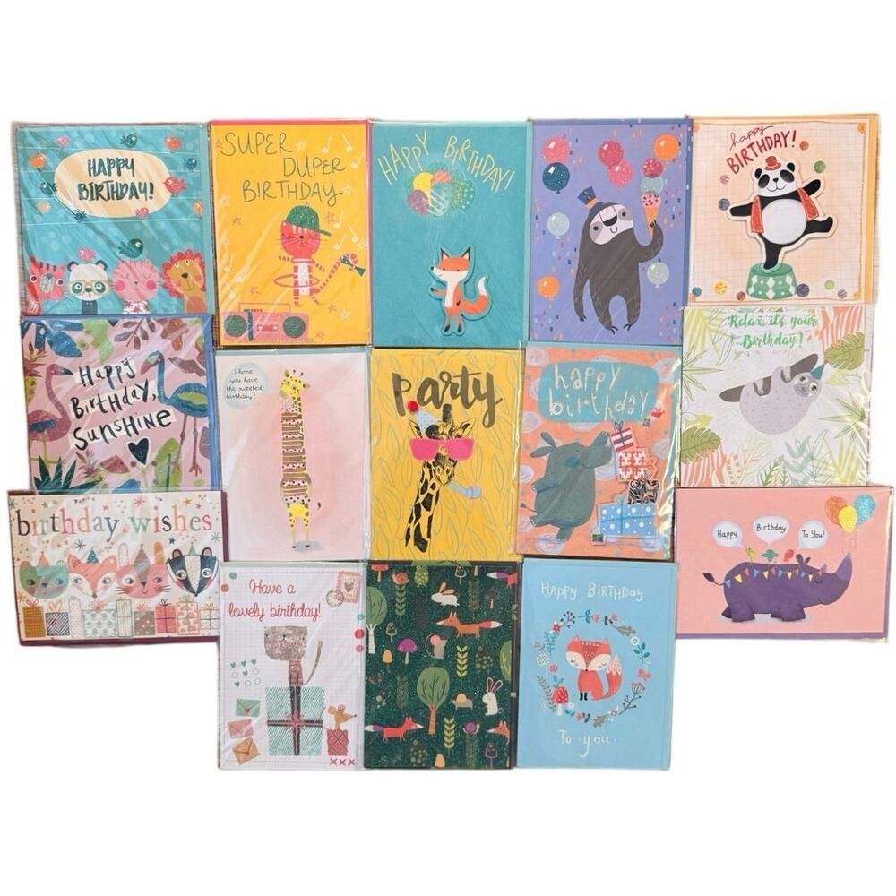Lot of 15 Magi Design Animal Birthday Cards Bulk Set New Cute Kids Assorted